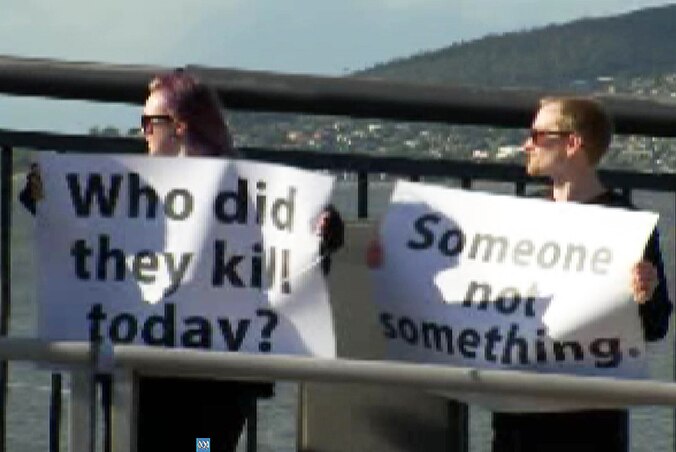 Animal rights protesters on Hobart's Tasman Bridge.