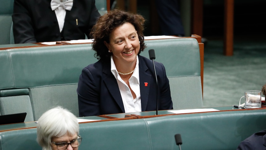 Ryan is sitting, smiling as she looks across the chamber.