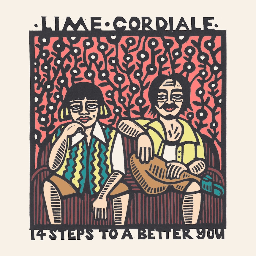 Lino or woodblock print artwork of the Lime Cordiale members seated on a couch in front of wallpaper