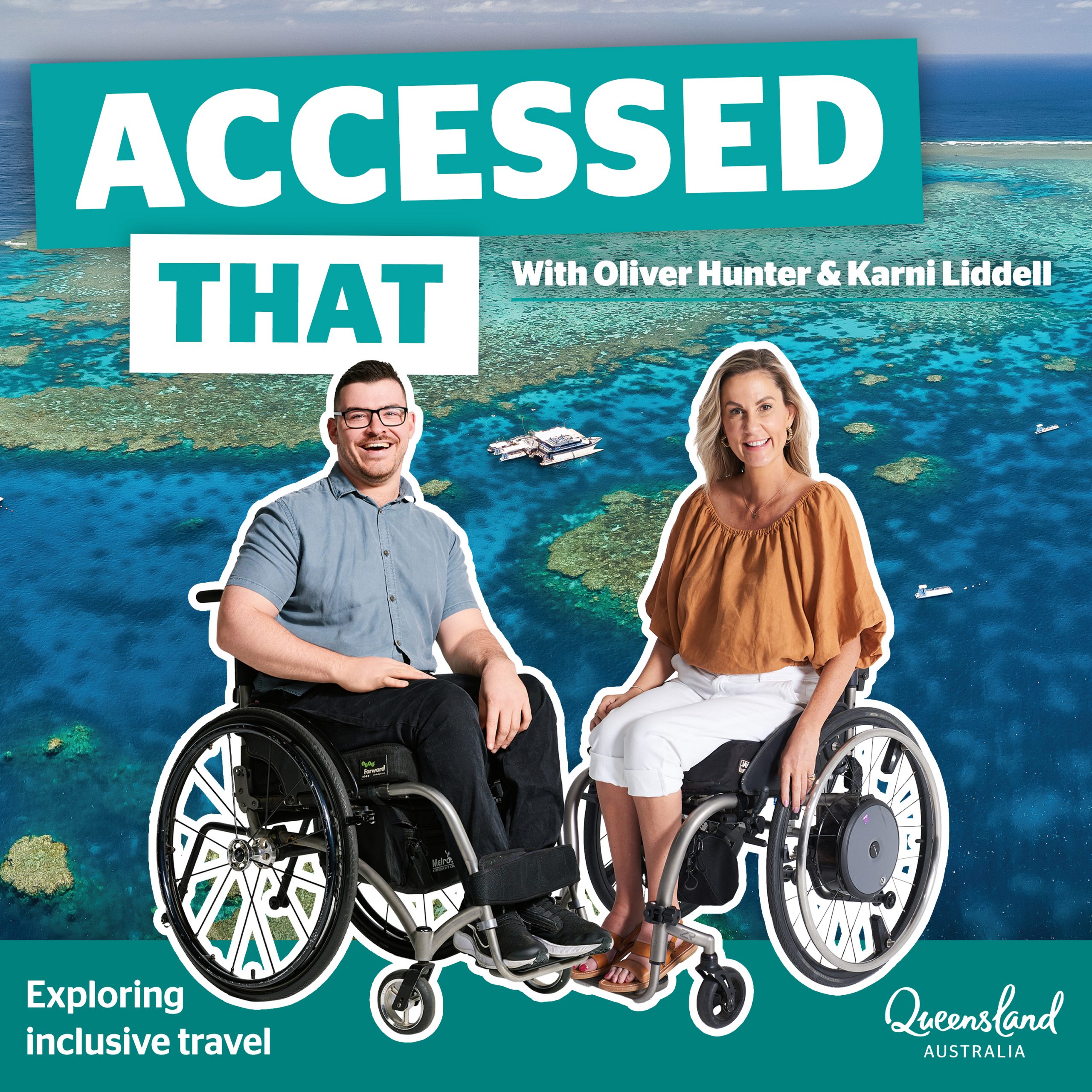 A m an and a woman seated in a wheelchair with waterway behind them.