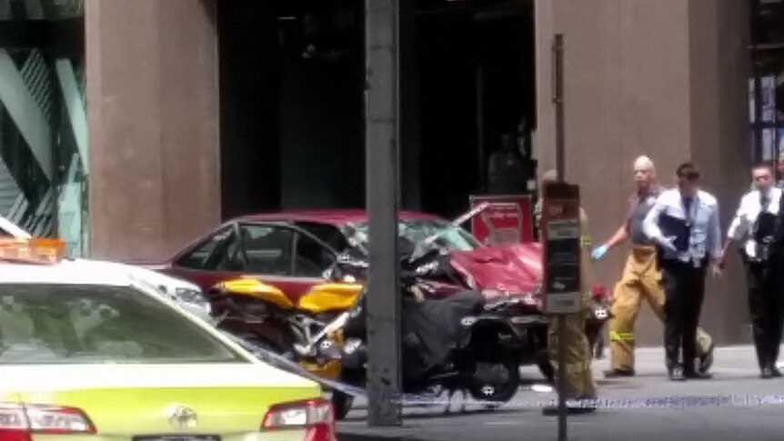 Crashed car that hit several pedestrians in Melbourne CBD.