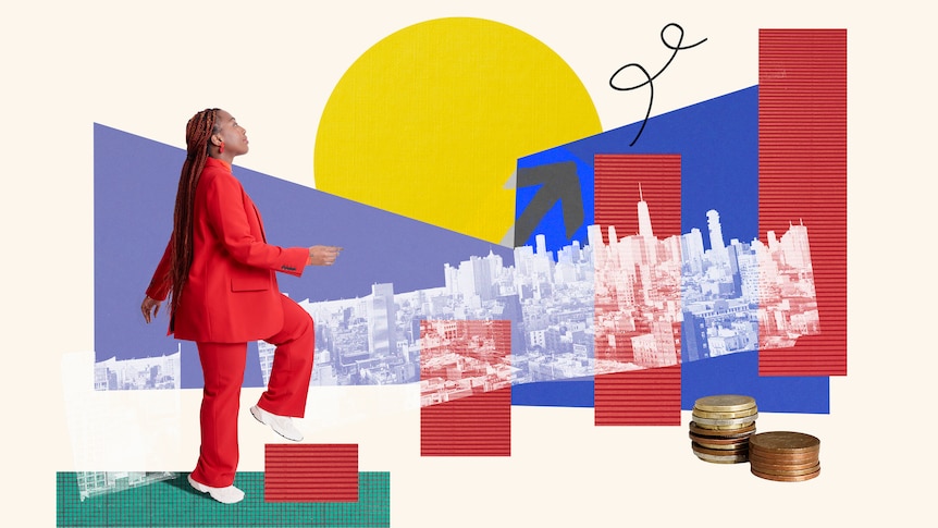 Woman in red suit stepping up a bar graph surrounded by growth and finance symbols