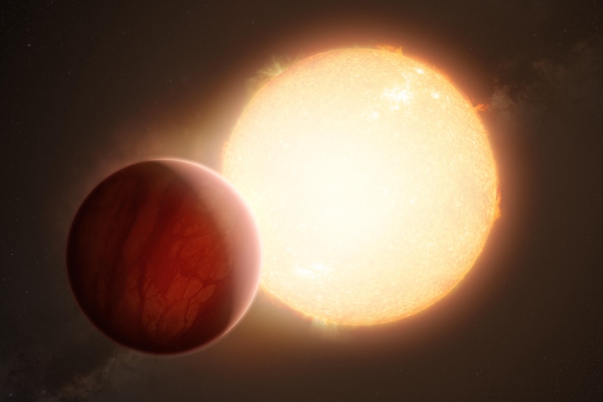 An artist’s impression shows an ultra-hot Jupiter exoplanet as it is about to transit in front of its host star.