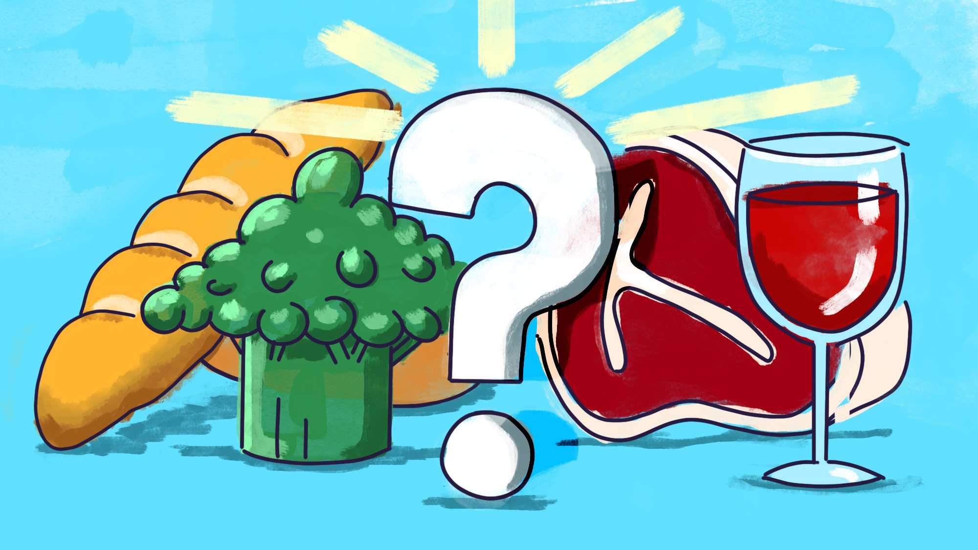 Illustration of bread, broccoli, raw steak and a glass of red wine with a question mark.