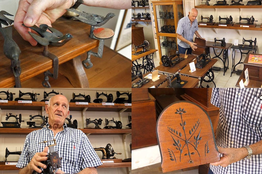 A selection of images of antique sewing machine collector Les Walsh with items from his collection