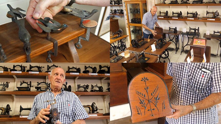 A selection of images of antique sewing machine collector Les Walsh with items from his collection