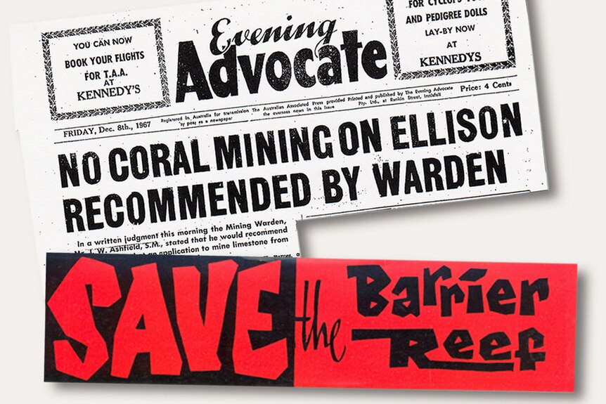 Newspaper clipping from December 1967 and a 'Save the Barrier Reef' campaign sticker
