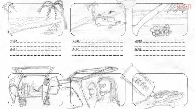 Storyboard for video production contains pencil drawings