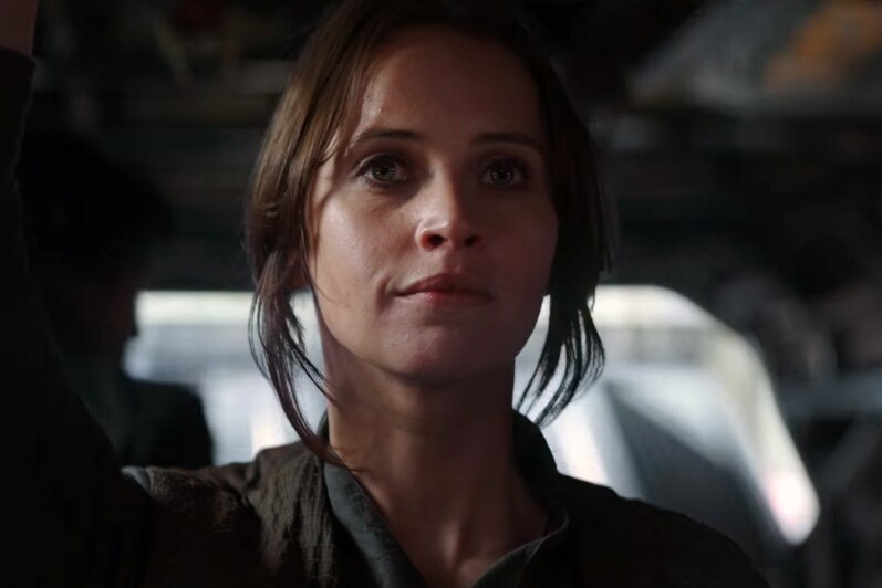 Actress Felicity Jones playing Jyn Erso in Star Wars Rogue One.