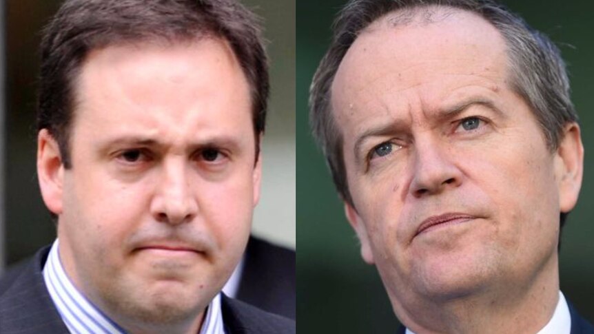A composite image of Steve Ciobo and Bill Shorten both looking quite disgruntled.