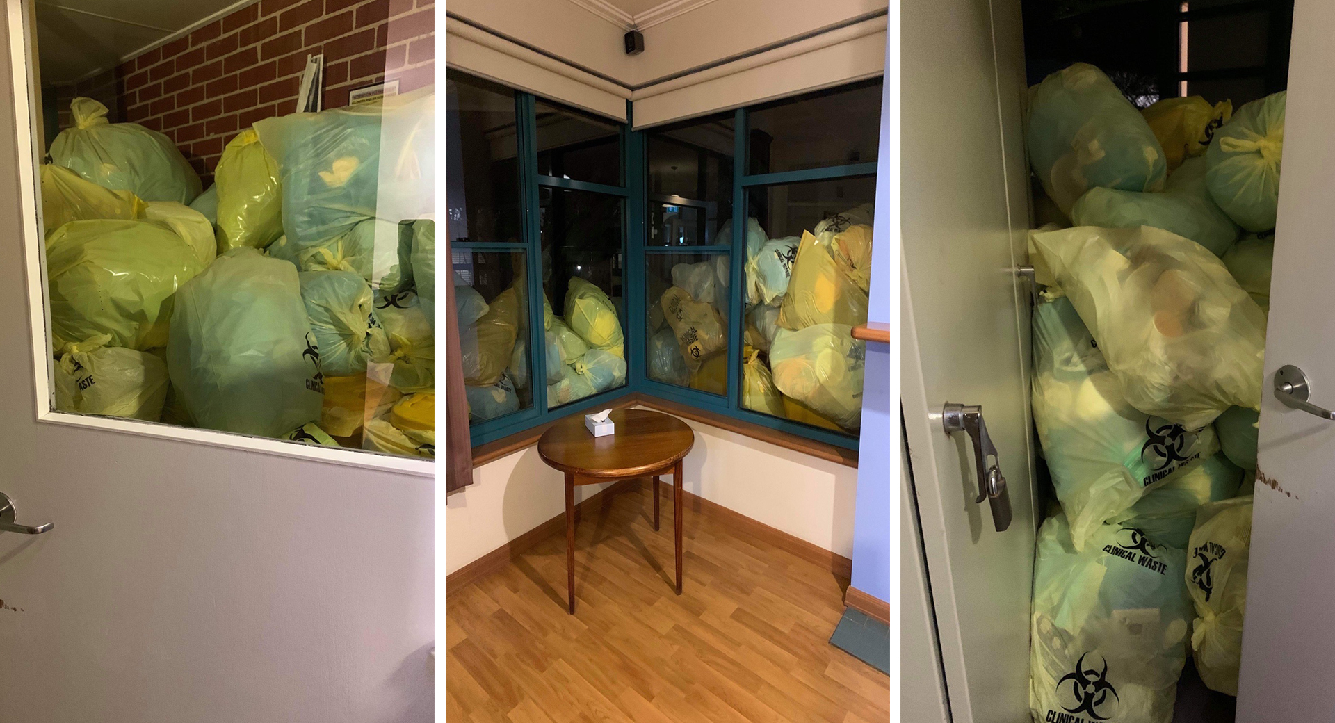 Triptych of images inside aged care home with large collection of yellow plastic bags stacked in doorways and outside windows