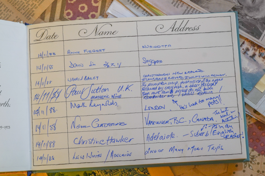 A guest book containing names and addresses from people all over the world