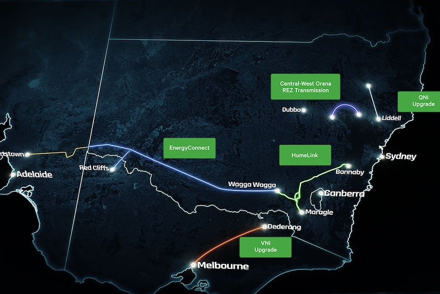 Une carte des lignes indiquant les lignes d'énergie à travers le sud-est du pays.