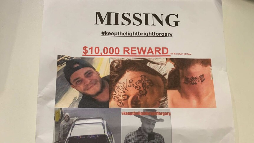 A poster with the words missing, $10,000 reward for the return of Gary, and five photos of a young man.