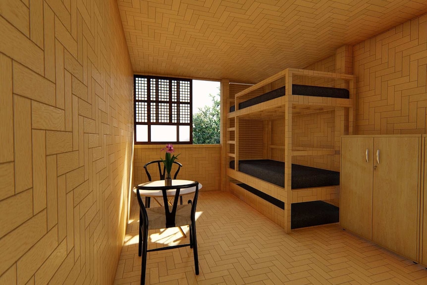 An artist's impression of the inside of a bamboo house showing bunk beds and a table.