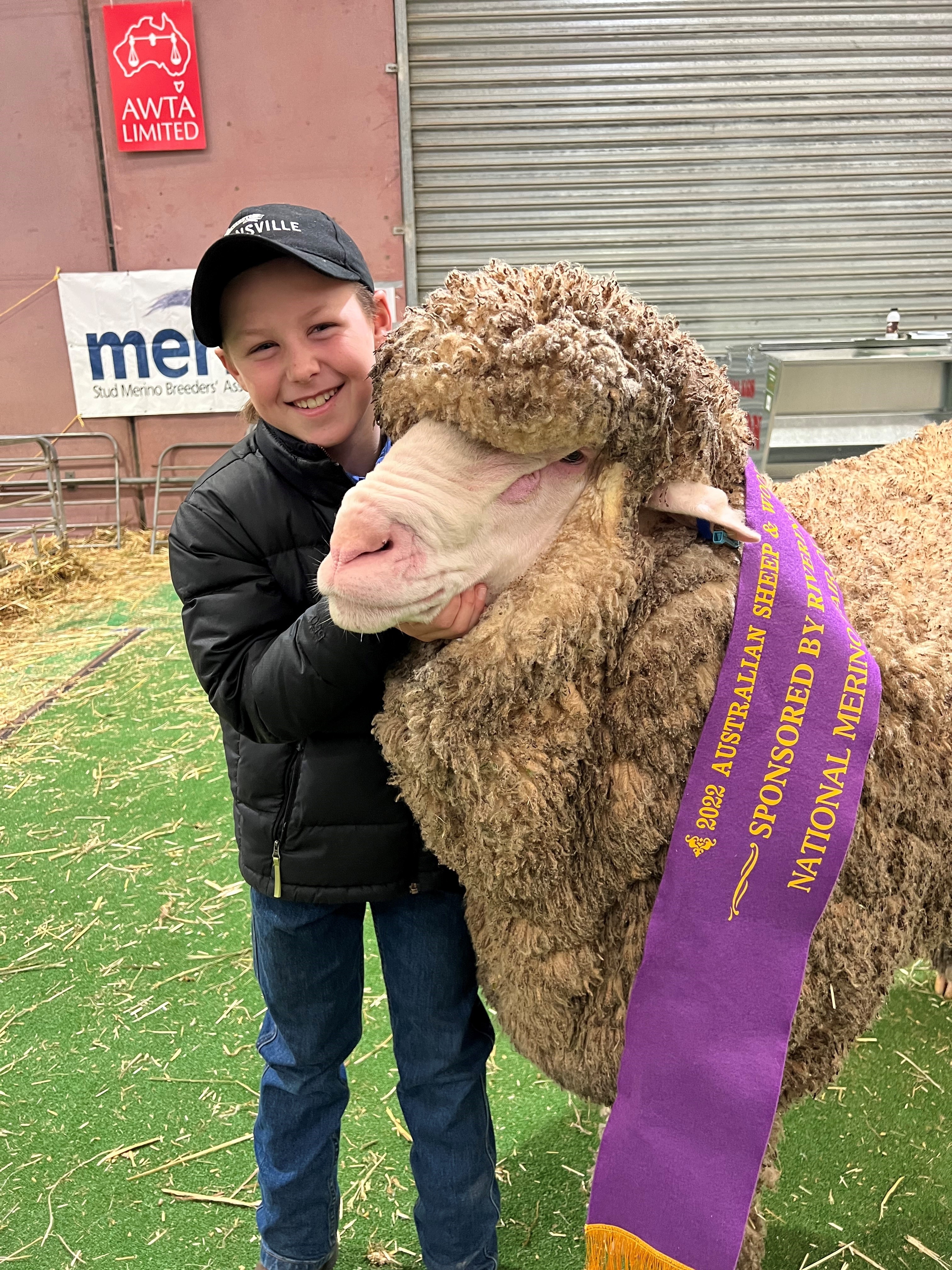 a young, smiling boy holds the rams large head 