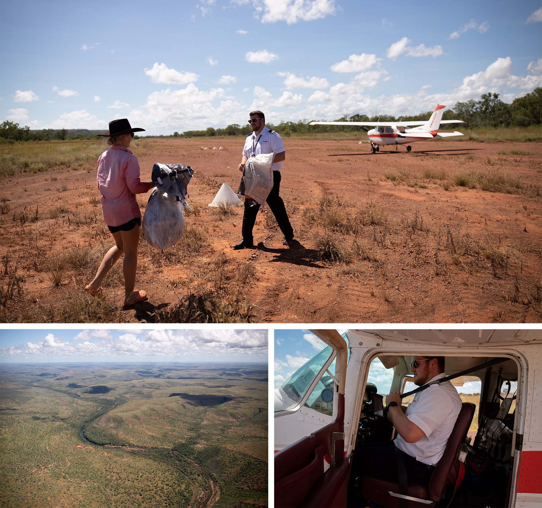 A grid of three photos showing a young female pastoralist collecting a sack of mail from a pilot and outback landscapes.