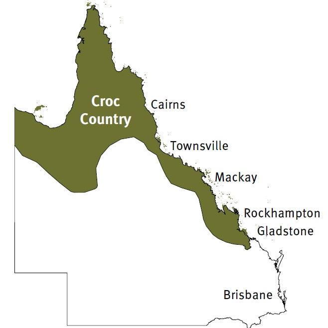 A map of Queensland showing crocodile habitats 