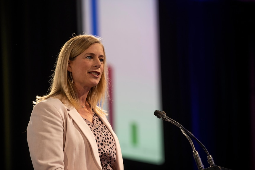 a woman with blonde hair speaks into a microphone