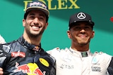 Lewis Hamilton celebrates with Daniel Ricciardo and Max Verstappen on the podium