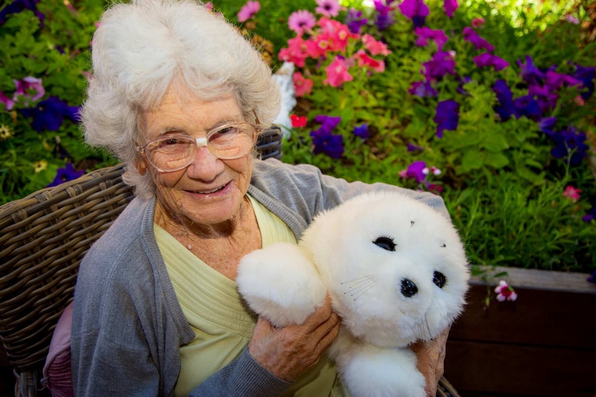 elderly resident with robotic seal Paro at Gunther Village Aged Care Village in Gayndah, Qld.