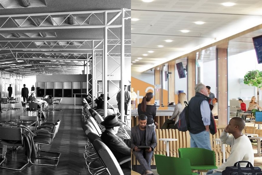 Composite image of old and new Hobart Airport terminal