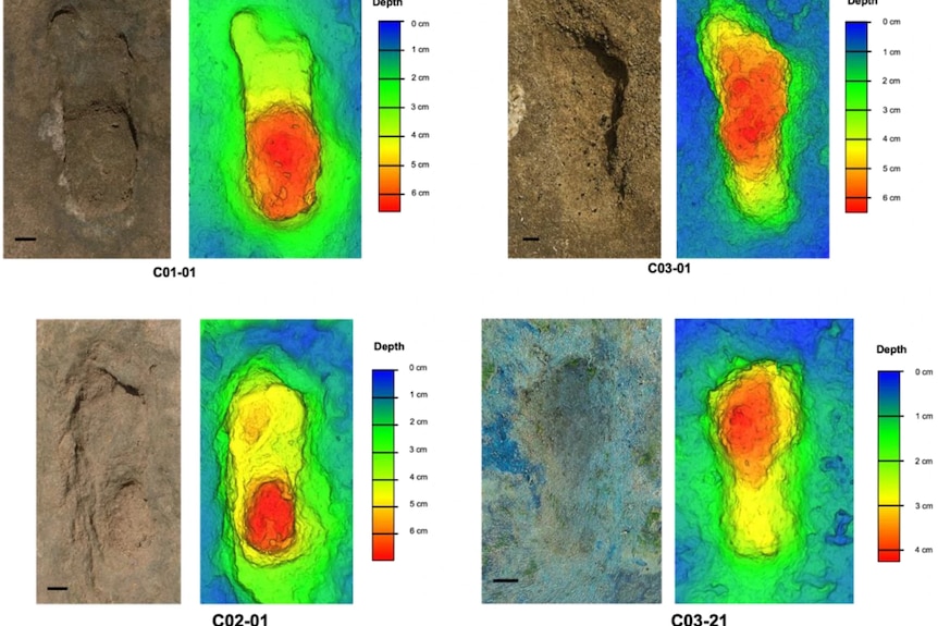 Four side by side photos of foot prints, next to 3D heat coloured imaging