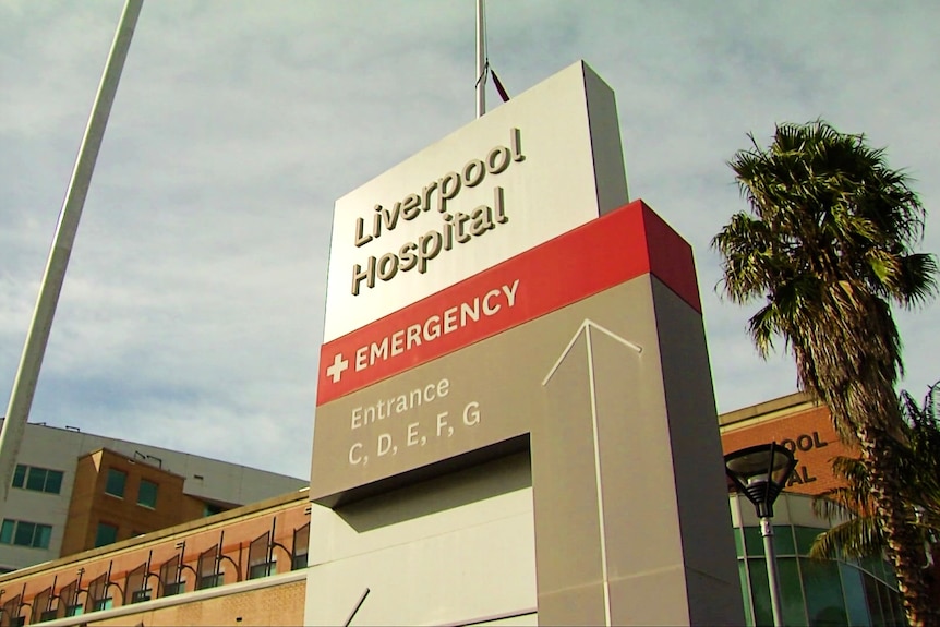 Exterior shot of the Liverpool Hospital sign. 