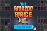 A pixel art game character with a trolley of boxes stands in a warehouse in front of the words 'The Amazon Race'.