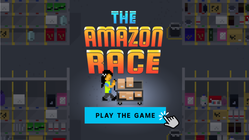 A pixel art game character with a trolley of boxes stands in a warehouse in front of the words 'The Amazon Race'.