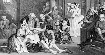 An illustration of the Bedlam Insane Asylum, from an 18th-Century engraving by William Hogarth