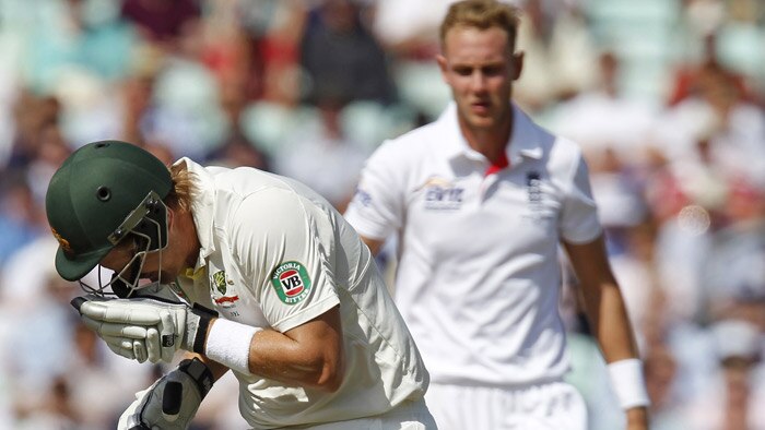 Shane Watson reels after being hit in the head by a Stuart Broad bouncer in the fifth Ashes Test.