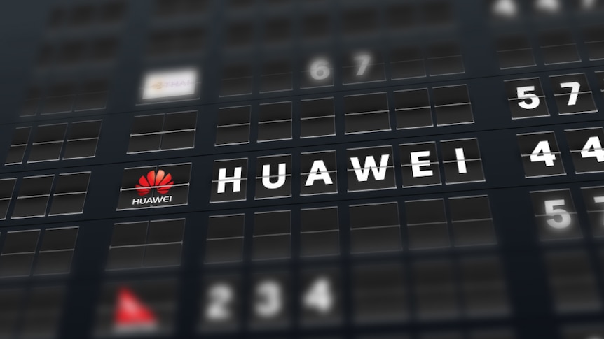 A mock airport departure sign with Huawei written on it.