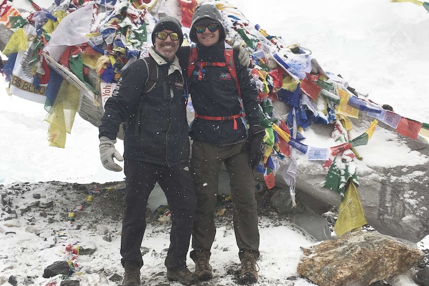 ABC journalist Guy Stayner and son Zack arrive at Everest Base Camp over Easter 2018.