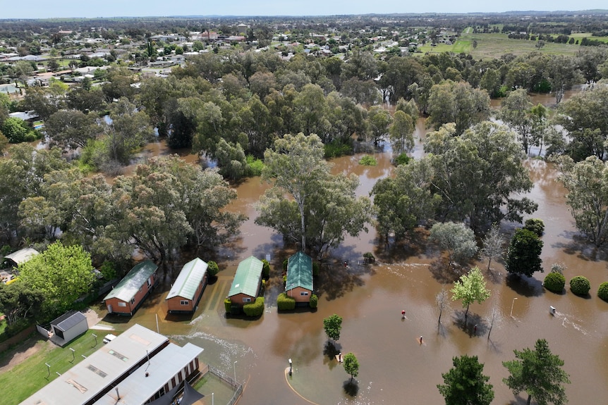 An aerial shot of a flooding country town.