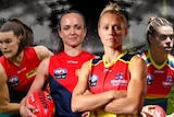 Four AFLW players lined up in front of a black background.