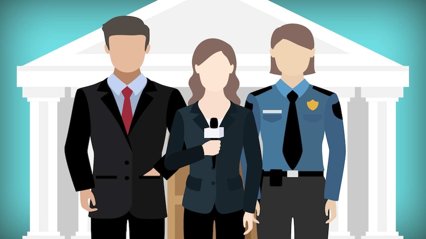 Illustration of a faceless journalist, government official and law enforcement officer in front of a government building.