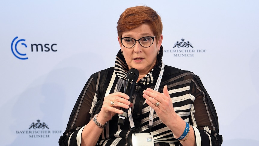 Marise Payne speaks at the Munich Security Conference, February 19, 2022.