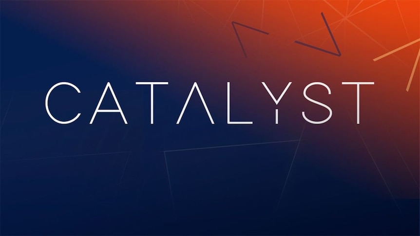 Gradient blue to red background with geometric lines. Bold white text in the center reads "CATALYST".