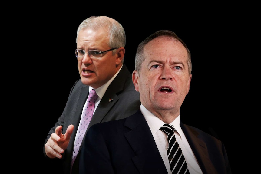 Scott Morrison and Bill Shorten set against a black background.