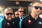 Matthew Blackford (centre) leaving court after receiving a guilty verdict for GBH against another player 19 February 2015