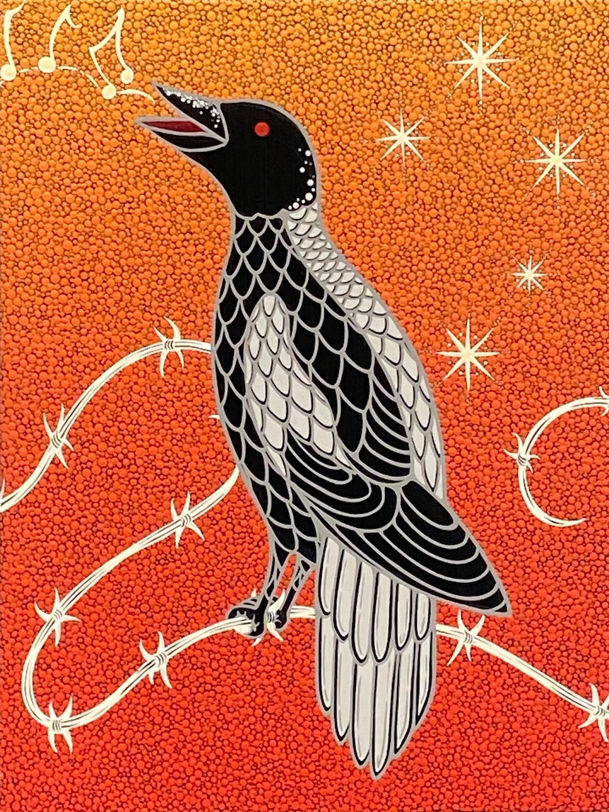 An illustration of a magpie singing, while perched on barbed wire.