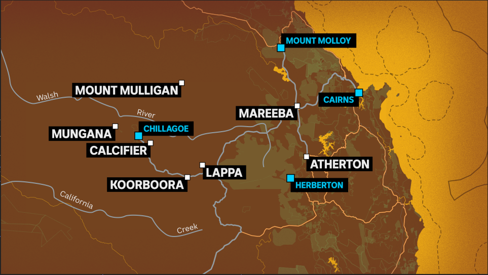 A map of far north Queensland showing the location of former mining towns such as Mungana.
