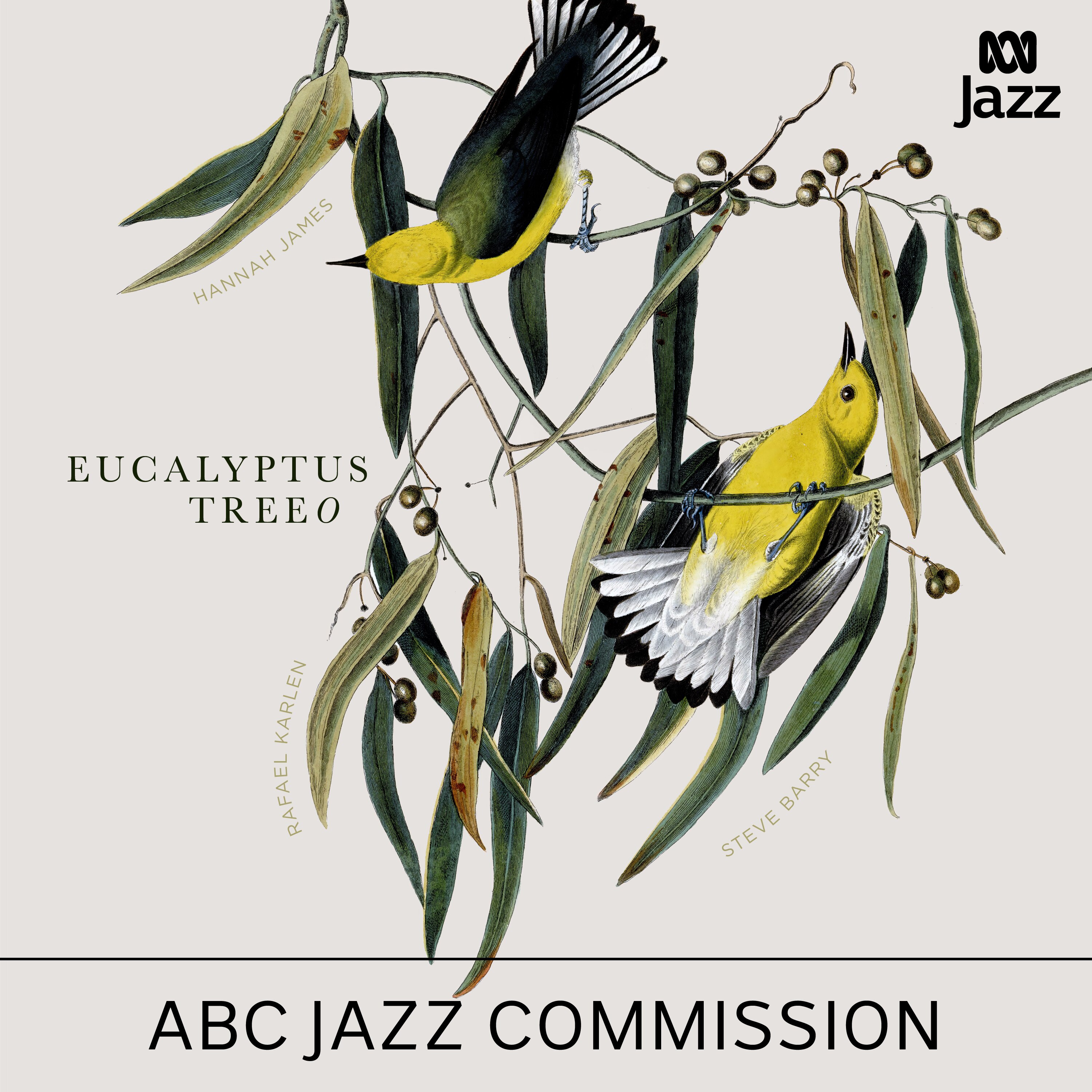 A painting of gum leaves and gum nut with a green bird hanging from the tree