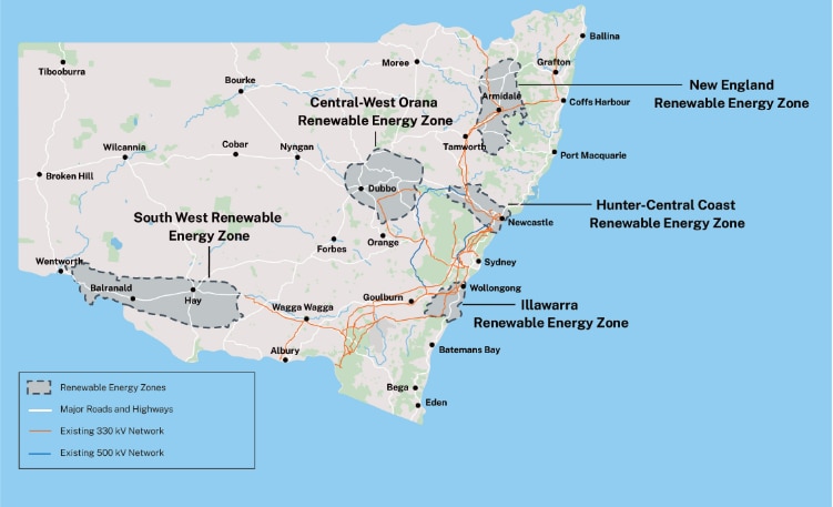 a map of new south wales outlining where the renewable energy zones are