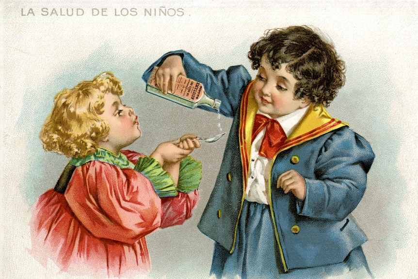 A Victorian advertisment for Scott's Emulsion shows girls pouring the emulsion from a bottle onto a spoon.
