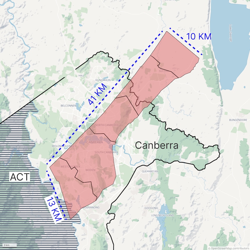 A map of Canberra with the shape of the Gaza Strip overlayed on top
