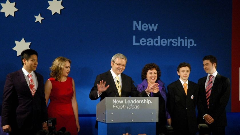 Kevin Rudd, with family members after winning the 2007 federal election. (Giulio Saggin: ABC News)