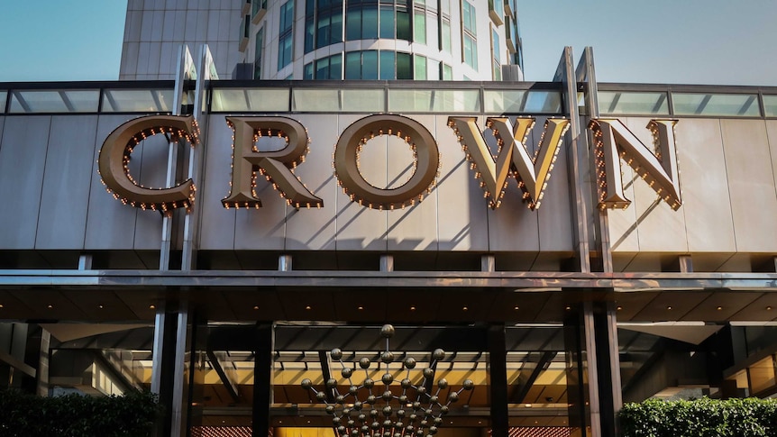 The outside of Crown Casio in Melbourne under a blue sky.