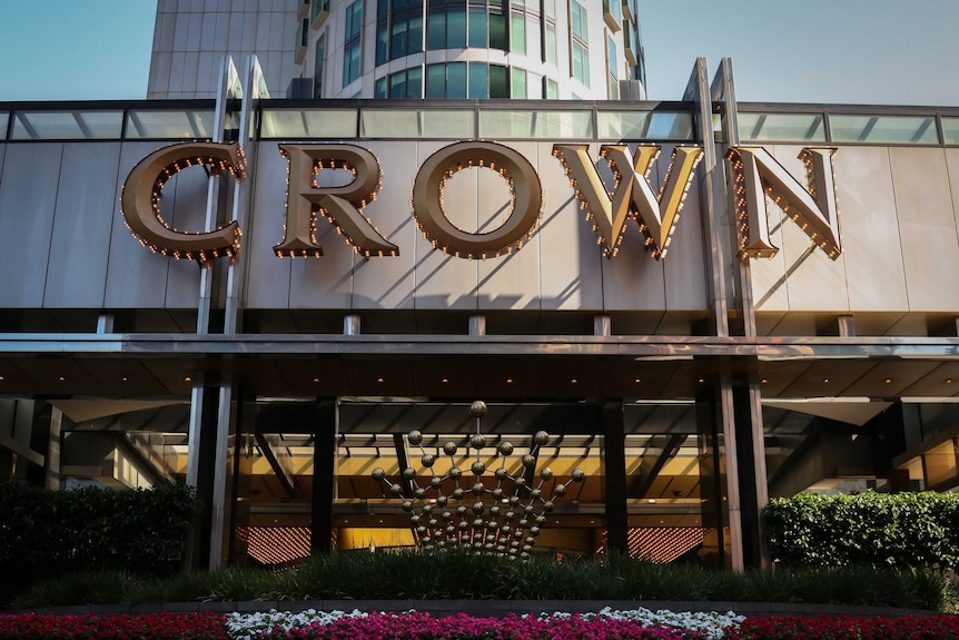 The outside of Crown Casio in Melbourne under a blue sky.